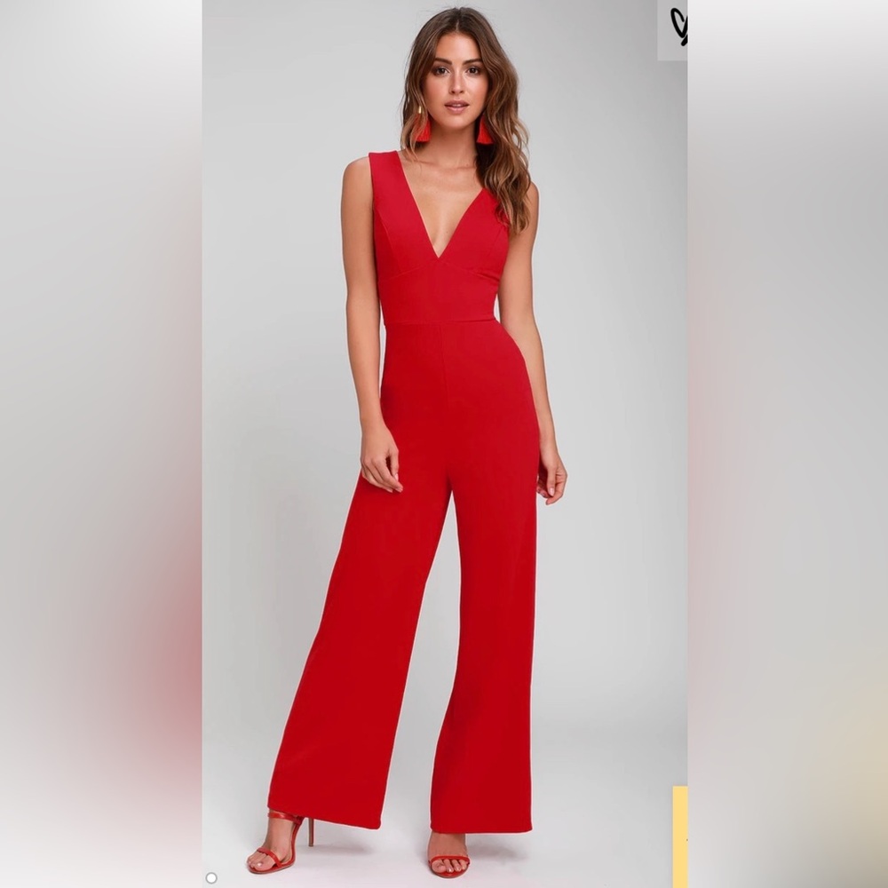 Lulu's Red V-Neck Wide-Leg Jumpsuit